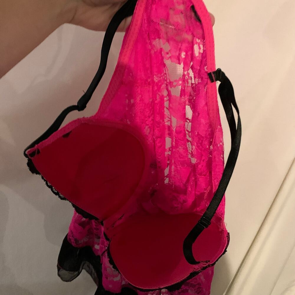 Y2K Hot Pink Black Lace Padded Mini Slip Dress Medium - Picture 4 of 4